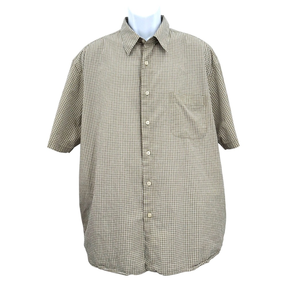 Eddie Bauer Short Sleeve Shirt Olive Green Check Button Front Cotton Men's XL